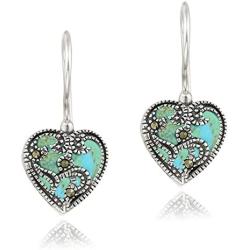 Sterling Silver Synthetic Turquoise & Marcasite Heart Drop Earrings