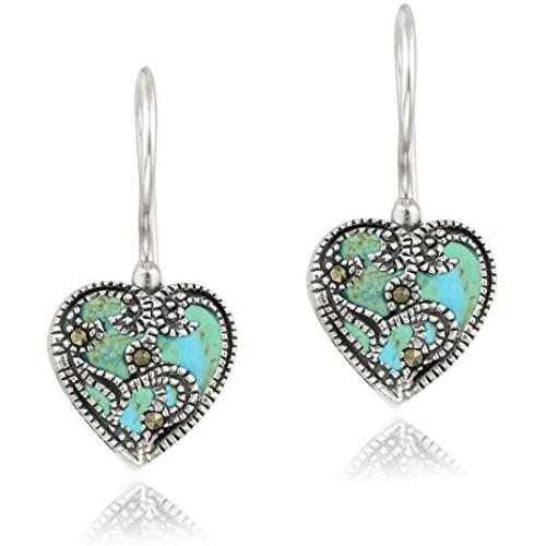 Sterling Silver Synthetic Turquoise & Marcasite Heart Drop Earrings