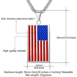 American Flag Dog Tag Necklace with Chain 22'' Stainless Steel Cool US National Flag Tag Pendant for Boys Men, Independance Day 4th of July Gift