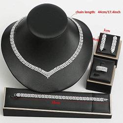 Jorsnovs Cubic Zirconia Leaves-Shaped 4 Pcs Dubai Wedding Bridal Jewelry Sets CZ Party Necklace Bracelet Dangle Earrings and Rings Sets for Bridesmaid