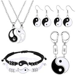 Hicarer Yin Yang Necklaces for Friends with Adjustable Matching Cord Bracelets, Earrings and Key Chains for Friendship Jewelry Valentines Day Boyfriend Girlfriend Relationship Supply