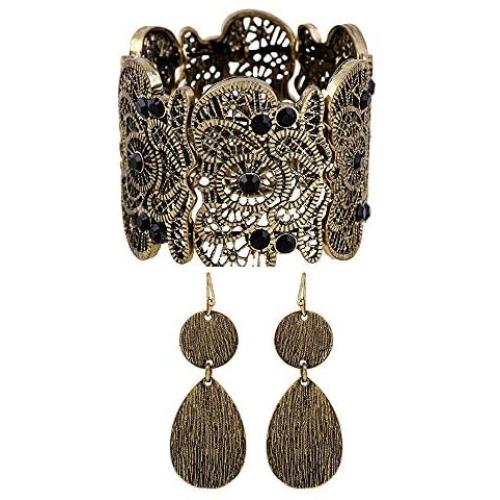 Amupper Metal Lace Bracelet and Earrings Set Bohemian Filigree Cuff Bangle Antique Jewelry for Womens Ladies