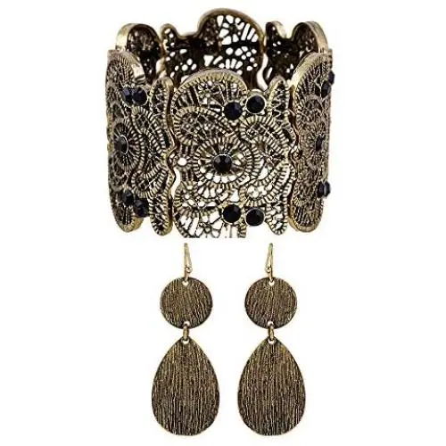 Amupper Metal Lace Bracelet and Earrings Set Bohemian Filigree Cuff Bangle Antique Jewelry for Womens Ladies Amupper Metal Lace Bracelet and Earrings Set Bohemian Filigree Cuff Bangle Antique Jewelry for Womens Ladies