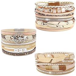 Wowanoo 3Pack Leather Cuff Bracelet Set Multilayer Wrap Bracelet Crystal Feather Tree Bracelet Magnetic Clasp Bracelet for Women