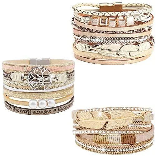 Wowanoo 3Pack Leather Cuff Bracelet Set Multilayer Wrap Bracelet Crystal Feather Tree Bracelet Magnetic Clasp Bracelet for Women Wowanoo 3Pack Leather Cuff Bracelet Set Multilayer Wrap Bracelet Crystal Feather Tree Bracelet Magnetic Clasp Bracelet for Women