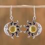 NOVICA Natural Amber .925 Sterling Silver Sun and Moon Dangle Earrings, Resplendent Sunset