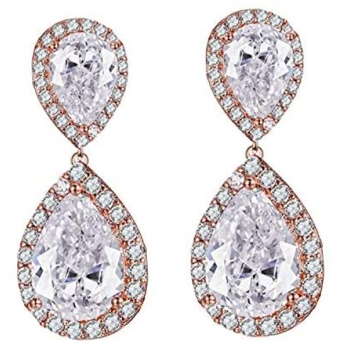 Scarlvambo Womens Cubic Zirconia Teardrop Pierced Dangle Wedding Earrings Rose-Gold-Tone Clear