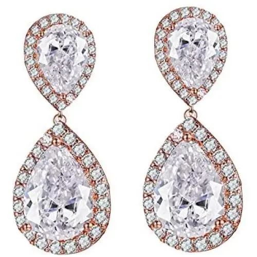 Scarlvambo Womens Cubic Zirconia Teardrop Pierced Dangle Wedding Earrings Rose-Gold-Tone Clear Scarlvambo Womens Cubic Zirconia Teardrop Pierced Dangle Wedding Earrings Rose-Gold-Tone Clear
