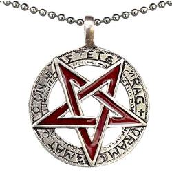 Celtic Pagan Wiccan Jewelry Tetragrammaton Inverted Pentagram Star Pentacle Red Mens Pendant Necklace Protection Amulet Money Wealth Lucky Charm Safe Travel Wicca Magic Talisman w Silver Ball Chain