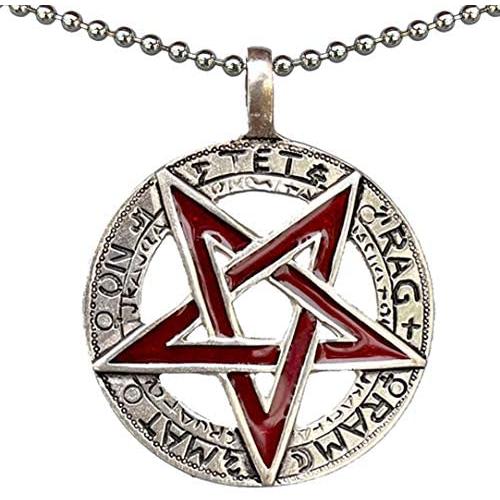 Celtic Pagan Wiccan Jewelry Tetragrammaton Inverted Pentagram Star Pentacle Red Mens Pendant Necklace Protection Amulet Money Wealth Lucky Charm Safe Travel Wicca Magic Talisman w Silver Ball Chain