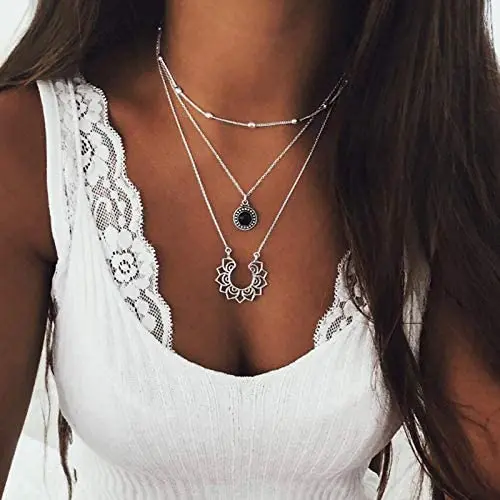 NICEMOVIC Baroque Flower Layered Necklace Vintage Lotus Pendant Necklace Silver Beaded Choker Necklaces Jewelry for Women and Girls NICEMOVIC Baroque Flower Layered Necklace Vintage Lotus Pendant Necklace Silver Beaded Choker Necklaces Jewelry for Women and Girls