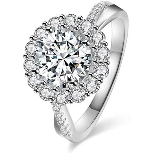 JIANGYUE Classic 3 Carats AAA Diamond Cubic Zirconia Engagement Wedding Rings for Women 14K White Gold Big Main Stone Cocktail Halo Rings Size 5 6 7 8 9 10