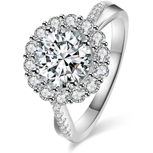 JIANGYUE Classic 3 Carats AAA Diamond Cubic Zirconia Engagement Wedding Rings for Women 14K White Gold Big Main Stone Cocktail Halo Rings Size 5 6 7 8 9 10