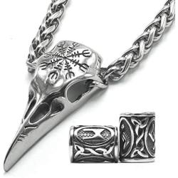 Gungneer Runic Raven Skull Pendant Necklace, Helm of Awe Rune Nordic Viking Men Necklace, 316L Stainless Steel Bonus 2 Rune Beard Bead