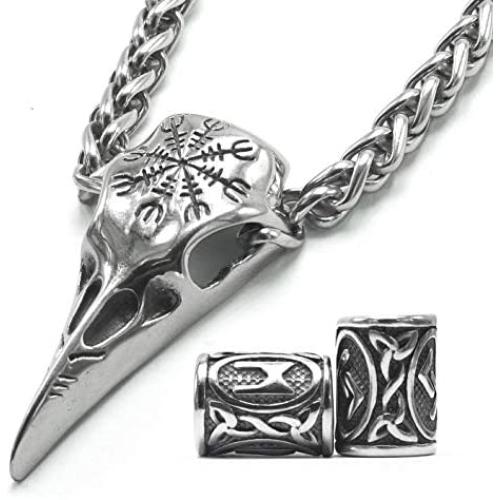 Gungneer Runic Raven Skull Pendant Necklace, Helm of Awe Rune Nordic Viking Men Necklace, 316L Stainless Steel Bonus 2 Rune Beard Bead