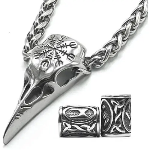 Gungneer Runic Raven Skull Pendant Necklace, Helm of Awe Rune Nordic Viking Men Necklace, 316L Stainless Steel Bonus 2 Rune Beard Bead