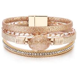 FANCY SHINY Leather Wrap Bracelet Boho Cuff Bracelets Crystal Bead Bracelet with Magnetic Clasp Jewelry Gifts for Women Teen Girls