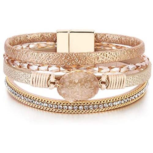 FANCY SHINY Leather Wrap Bracelet Boho Cuff Bracelets Crystal Bead Bracelet with Magnetic Clasp Jewelry Gifts for Women Teen Girls