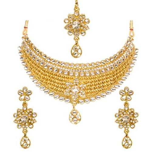 Bindhani Womens Indian Jewelry Simple Bridal Wedding Party Wear Crafted Brides Gold Plated Kundan Polki Choker Necklace Earrings Tikka Fashion Bollywood Style Jewellery Tika Set for Bridemaids