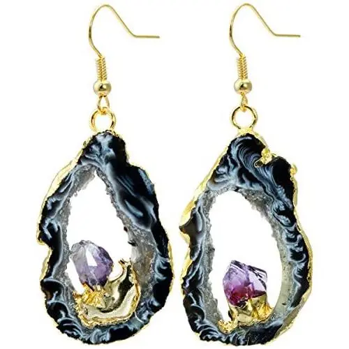 SUNYIK Natural Gemstone Quartz Geode Drusy Crystal Dangle Earrings for Women SUNYIK Natural Gemstone Quartz Geode Drusy Crystal Dangle Earrings for Women