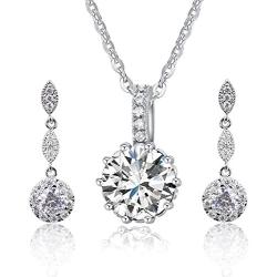 Women Fashion Necklace Earrings Round-Cut Cubic Zirconia Pendant Necklace Dangle Earrings Jewelry Set (White)
