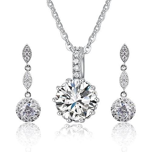 Women Fashion Necklace Earrings Round-Cut Cubic Zirconia Pendant Necklace Dangle Earrings Jewelry Set (White)