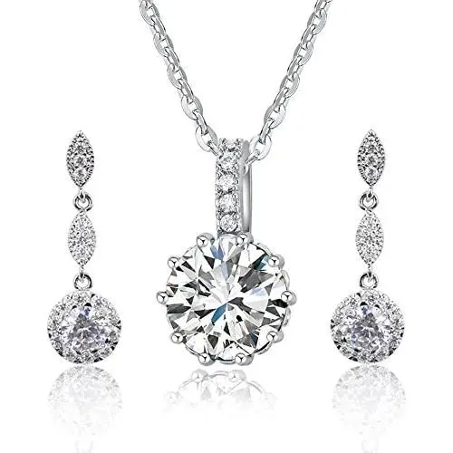 Women Fashion Necklace Earrings Round-Cut Cubic Zirconia Pendant Necklace Dangle Earrings Jewelry Set (White) Women Fashion Necklace Earrings Round-Cut Cubic Zirconia Pendant Necklace Dangle Earrings Jewelry Set (White)