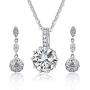 Women Fashion Necklace Earrings Round-Cut Cubic Zirconia Pendant Necklace Dangle Earrings Jewelry Set (White)