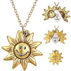 New 2 Sided 2 Messages You are My Sunshine Necklace Heart Sunflower Be Kind Smile Petal Locket Necklace for Girl, Women, Lover, Mother, Daughter (Smile Gold)