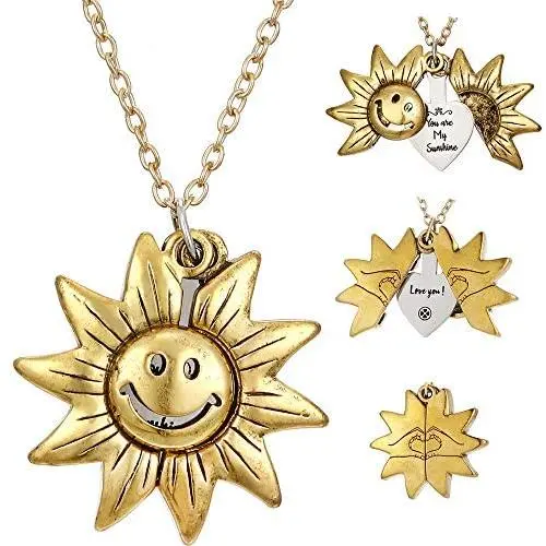 New 2 Sided 2 Messages You are My Sunshine Necklace Heart Sunflower Be Kind Smile Petal Locket Necklace for Girl, Women, Lover, Mother, Daughter (Smile Gold)