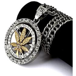 Hip Hop 18K Gold Plated Whirligig Spin Hemp weeds Leaf Necklaces Men Women Charm Crystal Weed Chains