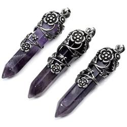 Top Plaza Natural Amethyst Rose Quartz Gemstone Crystal Healing Antique Silver Flower Wrap Pointed Pendant Necklace Bracelet Jewelry Set