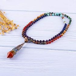 Bivei 7 Chakra Healing Necklace with Real Stones 12 Faceted Prism Witch Pendulum Crystal Gemstone Hand Knotted 108 Beads for Meditation Anxiety Yoga Beads