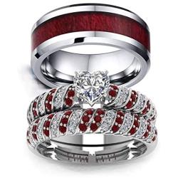 Couple Ring Bridal Set His and Hers Women 10k White Gold Filled Heart Garnet CZ Men Tungsten Carbide Band 10k Wedding Ring Band Set