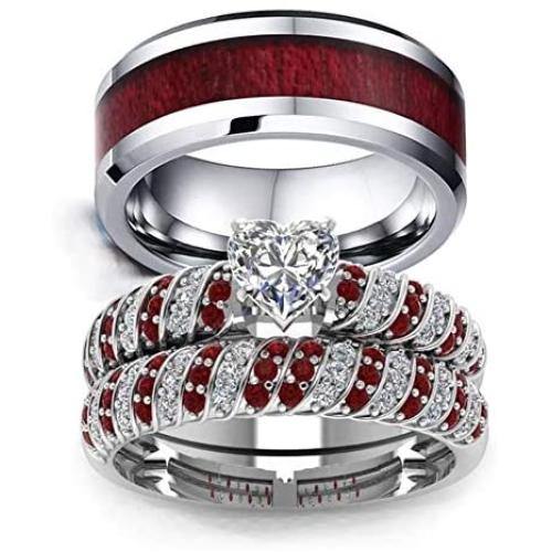 Couple Ring Bridal Set His and Hers Women 10k White Gold Filled Heart Garnet CZ Men Tungsten Carbide Band 10k Wedding Ring Band Set
