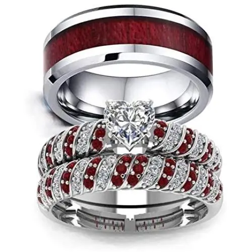 Couple Ring Bridal Set His and Hers Women 10k White Gold Filled Heart Garnet CZ Men Tungsten Carbide Band 10k Wedding Ring Band Set Couple Ring Bridal Set His and Hers Women 10k White Gold Filled Heart Garnet CZ Men Tungsten Carbide Band 10k Wedding Ring Band Set