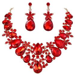 BriLove Womens Costume Fashion Crystal Flower Leaf Vine Teardrop Statement Necklace Dangle Earrings Set