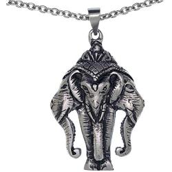 Holy 3 Headed Elephant God Erawan Ganesha Hindu Indian Thai Laos Laotian Pewter Mens Pendant Necklace Money Good Luck Lucky Charm Protection Amulet Safe Travel Talisman for men Stainless Steel Chain