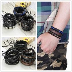 Finrezio 24 PCS Black Braided Leather Bracelets Set for Men Wrap Cuff Bracelet Adjustable