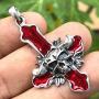 Inverted Upside down Gothic Red Cross Baphomet Lucifer Devils Face Demon Skull Satanic Heavy Metal Punk Rock Biker Jewelry Pewter Mens Pendant Necklace Charm protection Amulet with Silver ball chain