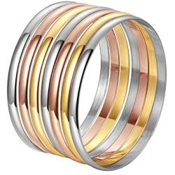 Stainless Steel Tri-Color Silver/Gold/Rose Gold Bangle Bracelets Set for Women, Set of 7 Pieces, Size 9.00 Inches