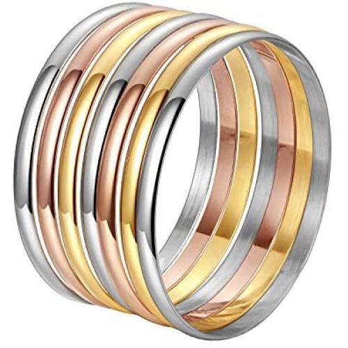 Stainless Steel Tri-Color Silver/Gold/Rose Gold Bangle Bracelets Set for Women, Set of 7 Pieces, Size 9.00 Inches