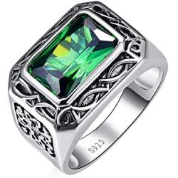 BONLAVIE Silver Rings for Men 6.85ct 8X12mm Radiant Cut Created Emerald 925 Sterling Silver Wedding Engagement Band Size 6-14