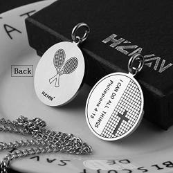 HZMAN Tennis Racket Medal Necklace Pendant, I CAN DO All Things Strength Bible Verse Stainless Steel Chain