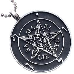 Church of Satan Jewelry The Sigil of Baphomet SAMAEL-LILITH Inverted Pentacle Pentagram Star Satanic Devil LaVeyan Satanism Wicca Witchcraft Pewter Mens Pendant Necklace charm men w Silver ball chain