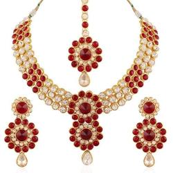 Aheli Elegant Indian Wedding Wear Faux Kundan Studded Choker Necklace with Maang Tikka Set Ethnic Fashion Jewelry for Women (Maroon)