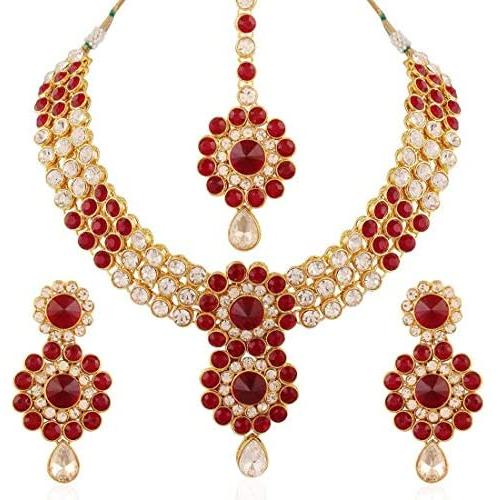 Aheli Elegant Indian Wedding Wear Faux Kundan Studded Choker Necklace with Maang Tikka Set Ethnic Fashion Jewelry for Women (Maroon)