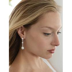 Mariell Linear Cubic Zirconia and Bold Pearl Teardrop Wedding Earrings for Brides - Platinum Plated