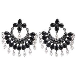 Efulgenz Boho Vintage Antique Ethnic Gypsy Tribal Indian Oxidized Silver Pearl Drop Floral Chandbali Dangle Earrings Jewelry