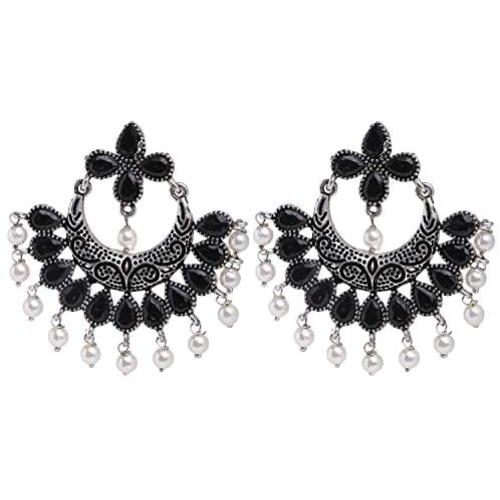 Efulgenz Boho Vintage Antique Ethnic Gypsy Tribal Indian Oxidized Silver Pearl Drop Floral Chandbali Dangle Earrings Jewelry